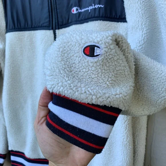 Champion sherpa color block jersey style zip up sporty jacket sweater - Picture 8 of 16